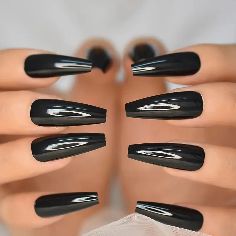 120pcs Long Coffin Black Press-On Nails Full Cover Ballet Square Shape False Nails Solid Color Glossy Finish Durable Fake Nails*