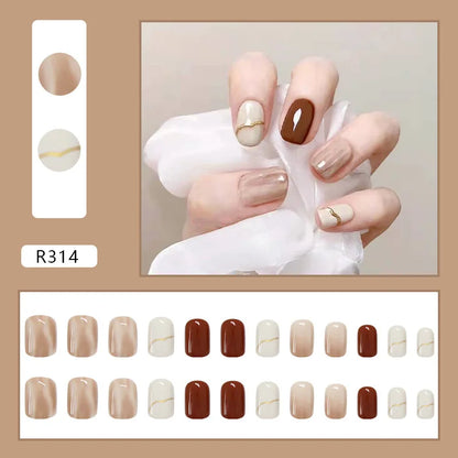 24PCS Caramel Latte Press-On Nails – Medium Round Shape With White Brown Nude Ombré Artistic Marble Effect
