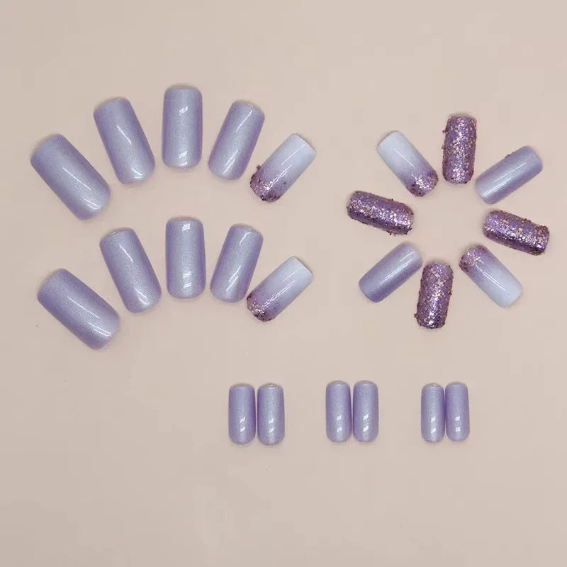 24 Pcs Presson Nails with Glue Medium Reusable Adhesive Fake Nails with Design Nail Art Purple Glitter False Nails for Girls