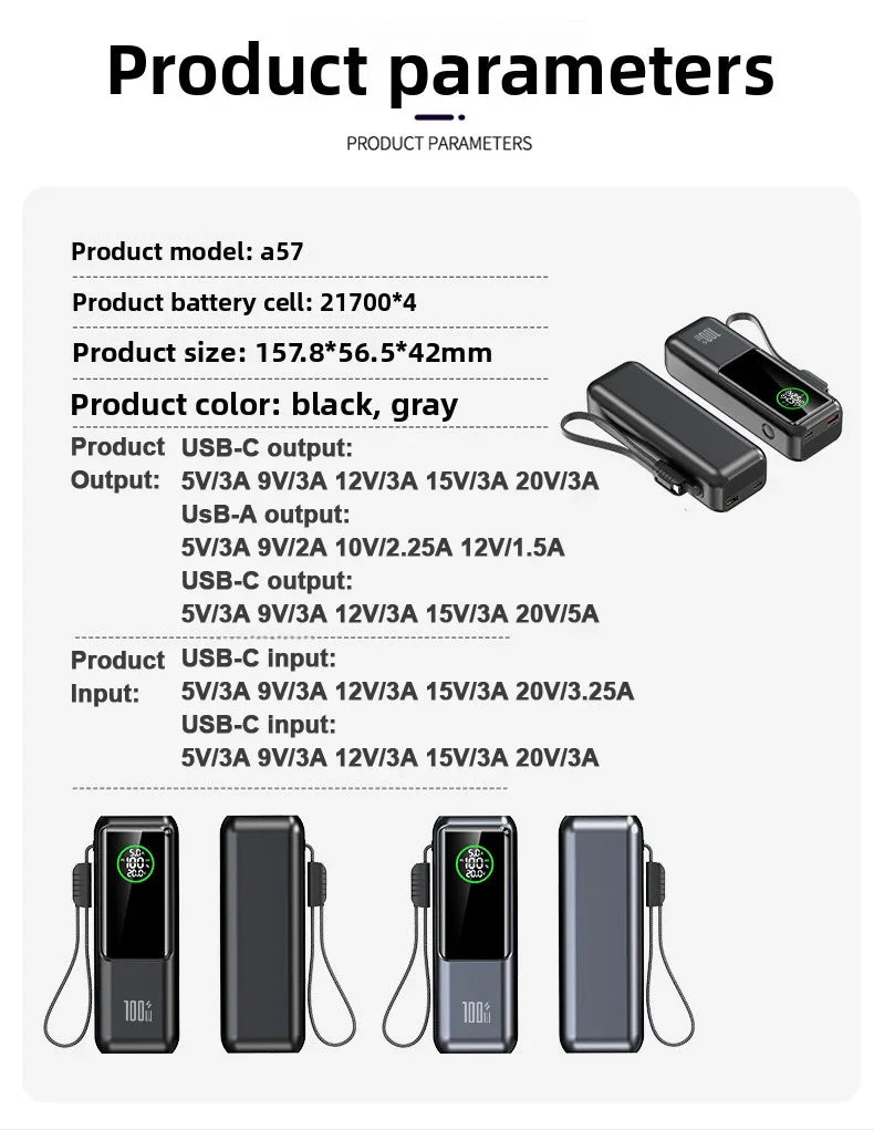 20000mAh Powerbank High Capacity 100W Fast Charging External Battery Built-in Cable Portable Power Bank for Laptop Tablet Phone