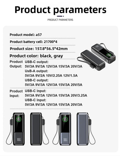 20000mAh Powerbank High Capacity 100W Fast Charging External Battery Built-in Cable Portable Power Bank for Laptop Tablet Phone