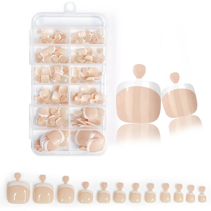 120Pcs Glossy Nude Pink French Press-On-Toenail Set 1*Box Short French Square  Fake Toe Nails Solid-Color Manicure Toenails Tips