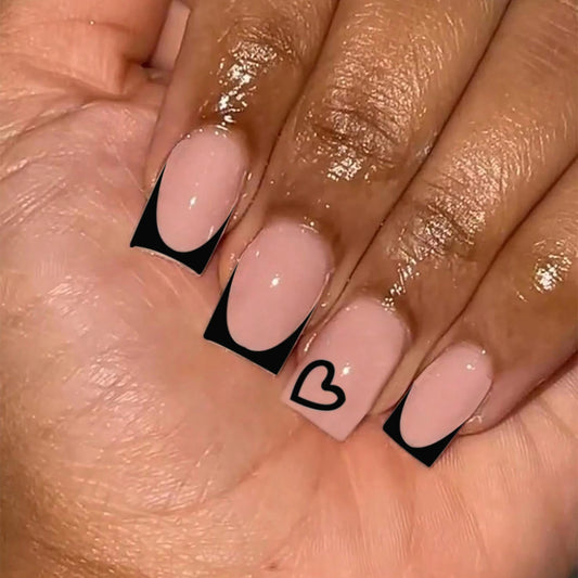 24pcs press on nails short Square Love Design fake press on nails black french tip press on nails cute nail press on acyrlic na