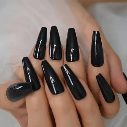120pcs Long Coffin Black Press-On Nails Full Cover Ballet Square Shape False Nails Solid Color Glossy Finish Durable Fake Nails*