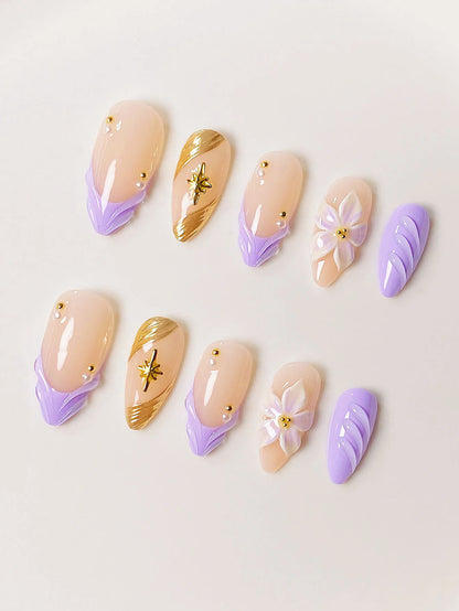 10 handmade almond-shaped press-on nails with purple water ripple design and starburst pattern in a high-end style.