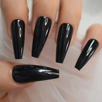 120pcs Long Coffin Black Press-On Nails Full Cover Ballet Square Shape False Nails Solid Color Glossy Finish Durable Fake Nails*