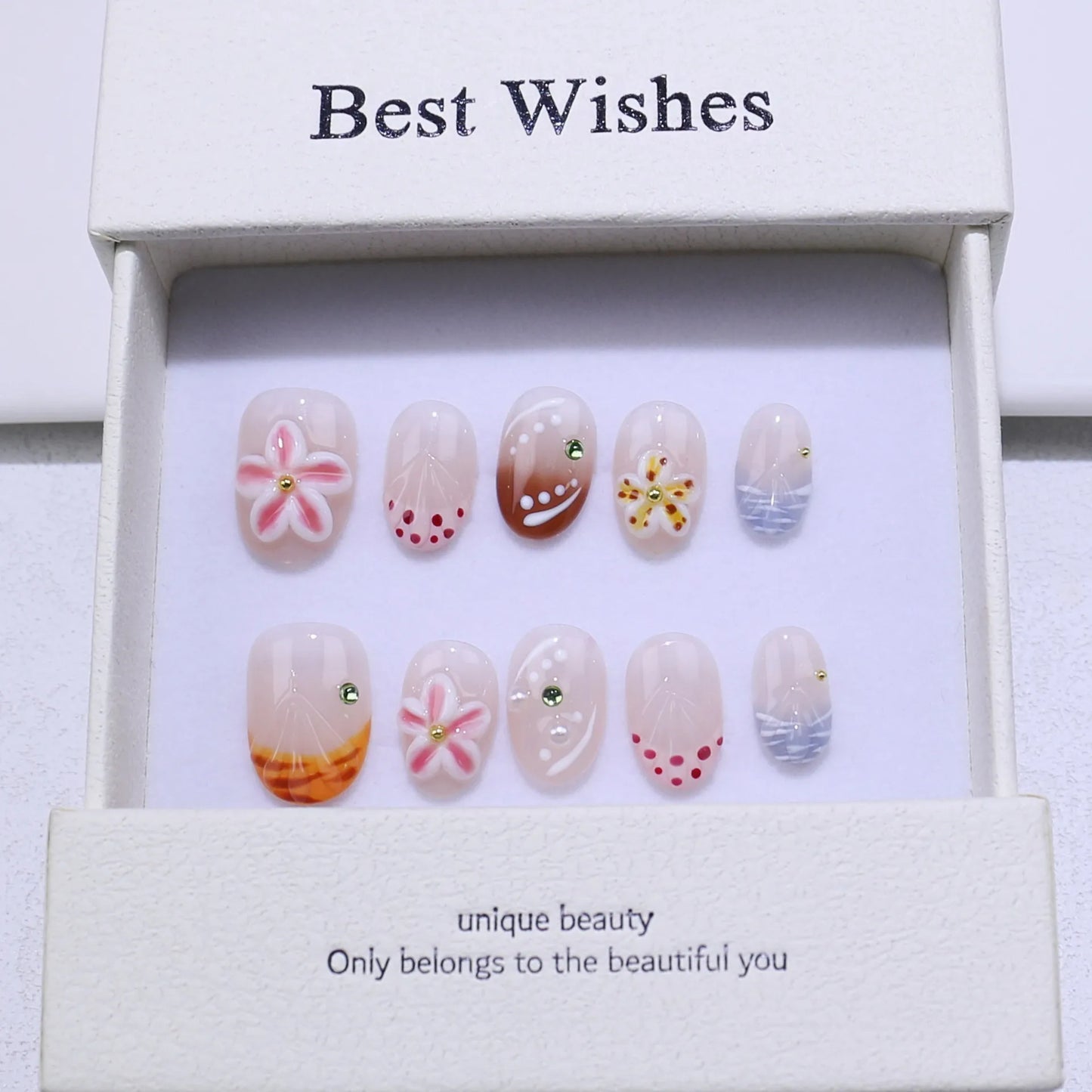 10pcs Handcrafted Almond-Shaped White French Press-On Nails with 3D Floral Design - Glossy Finish Short Length for Women/Girls