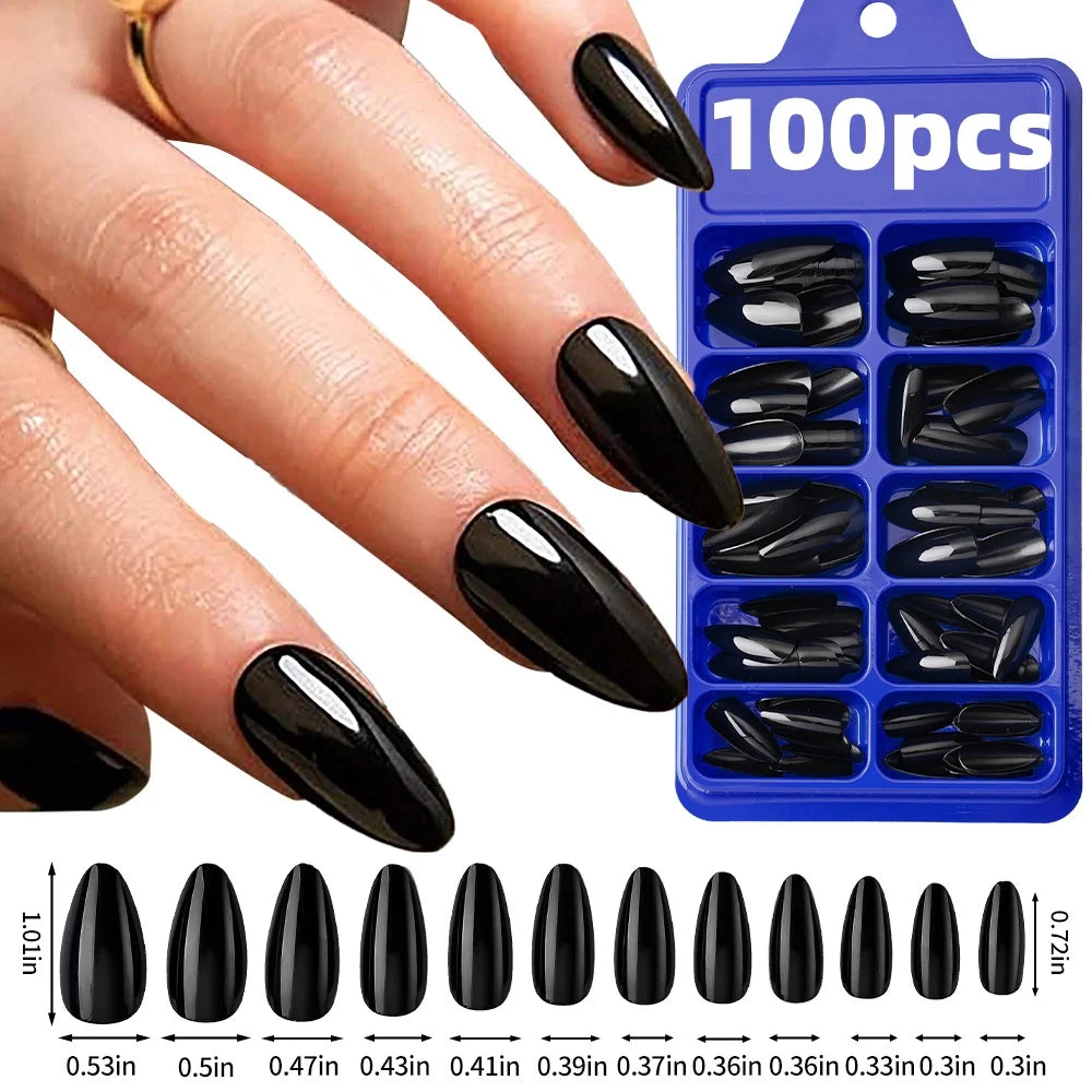 120pcs Long Coffin Black Press-On Nails Full Cover Ballet Square Shape False Nails Solid Color Glossy Finish Durable Fake Nails*