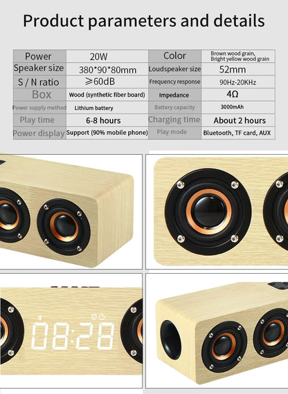 Wireless Bluetooth 5.0 Speakers For Computers Wooden Alarm Clock Display Sound System Player with AUX TF FM Radio Subwoofer Box
