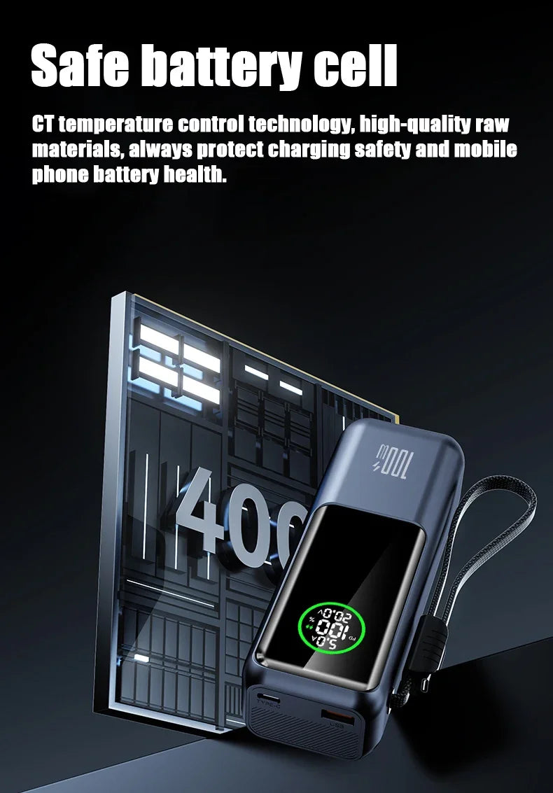 20000mAh Powerbank High Capacity 100W Fast Charging External Battery Built-in Cable Portable Power Bank for Laptop Tablet Phone