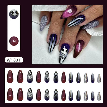 24PCS Haunting Press-On Nails - Blood Red & Ghost White Striped Design With Metallic Glitter Long Almond Shape