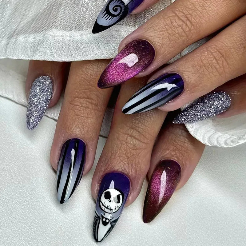 24PCS Haunting Press-On Nails - Blood Red & Ghost White Striped Design With Metallic Glitter Long Almond Shape