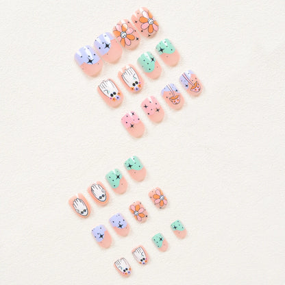 24Pcs Halloween-Themed Press-On Nails Set, Floral & Festive Elements Design, Glossy Finish with Jelly Glue & Nail File Included