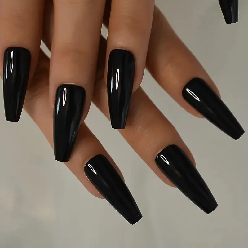 120pcs Long Coffin Black Press-On Nails Full Cover Ballet Square Shape False Nails Solid Color Glossy Finish Durable Fake Nails*