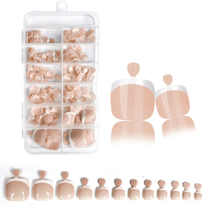 120Pcs Glossy Nude Pink French Press-On-Toenail Set 1*Box Short French Square  Fake Toe Nails Solid-Color Manicure Toenails Tips