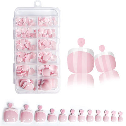 120Pcs Glossy Nude Pink French Press-On-Toenail Set 1*Box Short French Square  Fake Toe Nails Solid-Color Manicure Toenails Tips