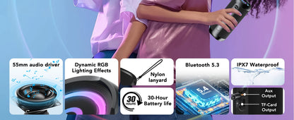 Portable Bluetooth Speaker, Bluetooth 5.4 Speaker, 30W Dual Speaker, Deep Bass, 30H Playtime, 3 EQ Mode, Colorful RGB Lights