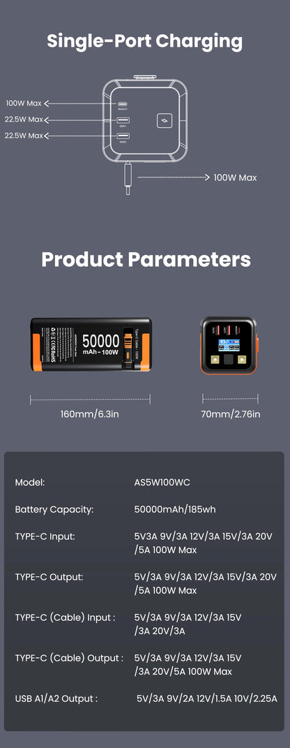 Power Bank 50000mAh 100W PD PPS Super Fast Charging Portable Spare Battery Type-C Retractable Cable Powerbank For Phone Laptop