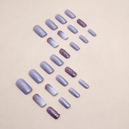 24 Pcs Presson Nails with Glue Medium Reusable Adhesive Fake Nails with Design Nail Art Purple Glitter False Nails for Girls