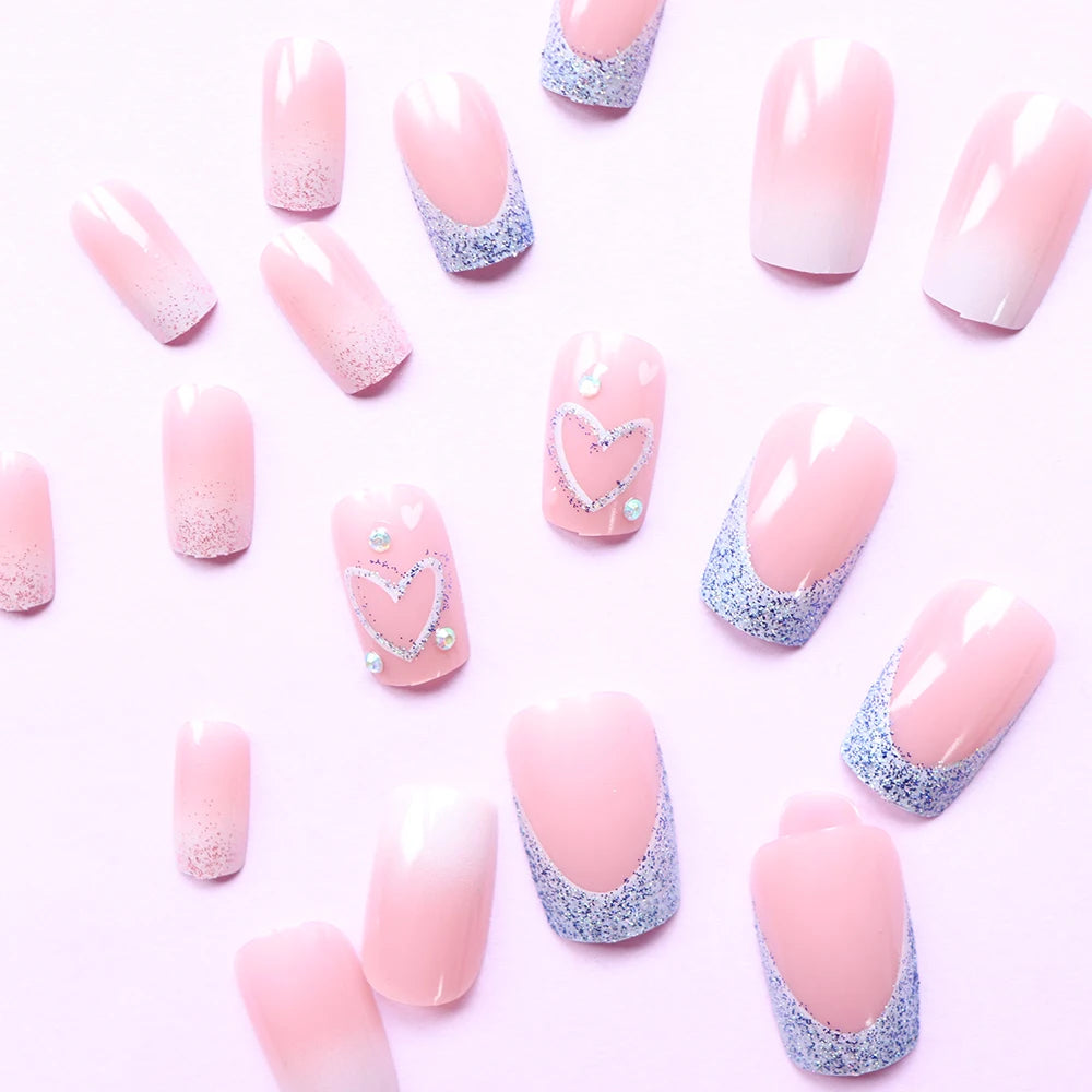 ARTAUG 24PCS Medium pink glitter press on nails and press on full set and press on nails love design sweet and cute