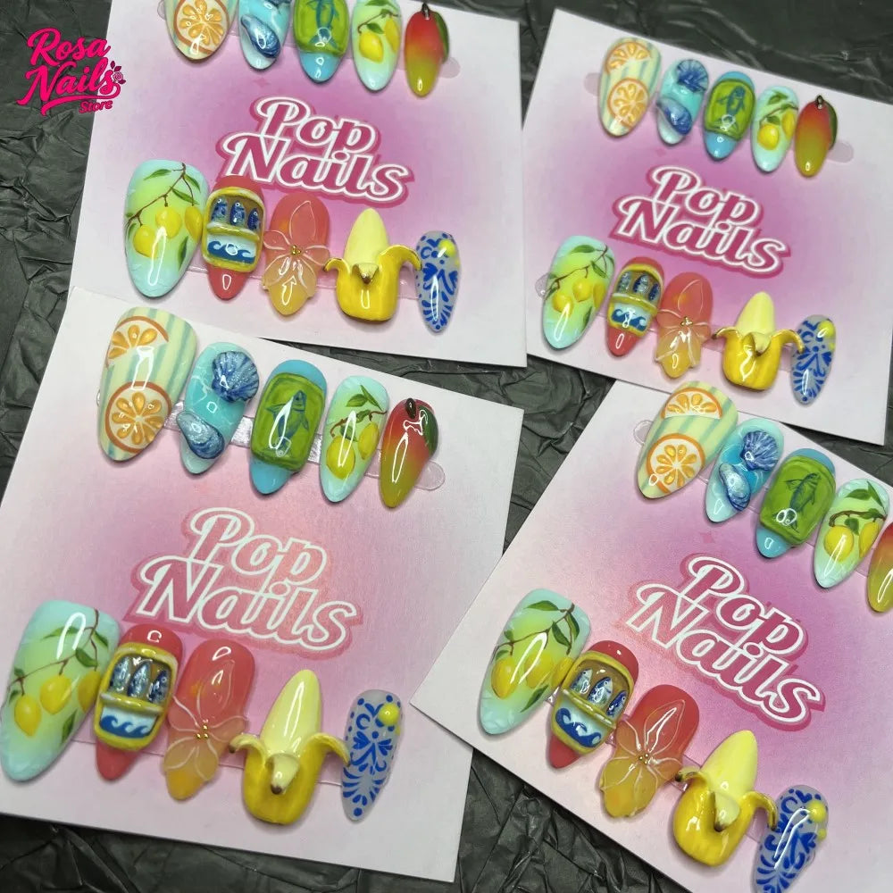 10pcs Handmade Press on Nails Cute 3D Banana Nail Art Presson False Nail Thick Acrylic Hand Painted Lemon Almond Press ons Nails