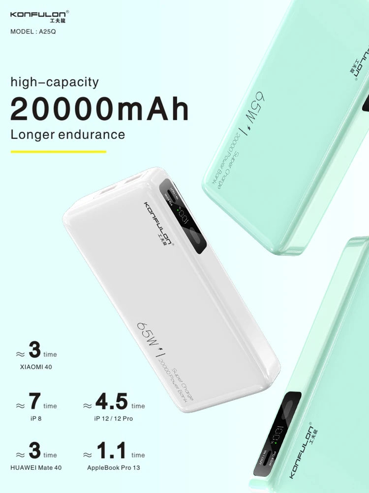 65W Power Bank 20000mAh Portable Charging Powerbank Mobile Phone External Battery PD QC 3.0 Charger 22.5W Poverbank 20000