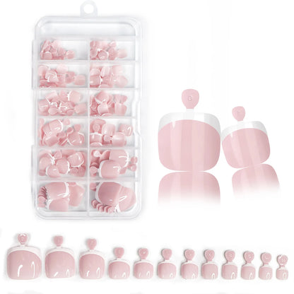 120Pcs Glossy Nude Pink French Press-On-Toenail Set 1*Box Short French Square  Fake Toe Nails Solid-Color Manicure Toenails Tips