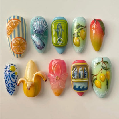 10pcs Handmade Press on Nails Cute 3D Banana Nail Art Presson False Nail Thick Acrylic Hand Painted Lemon Almond Press ons Nails