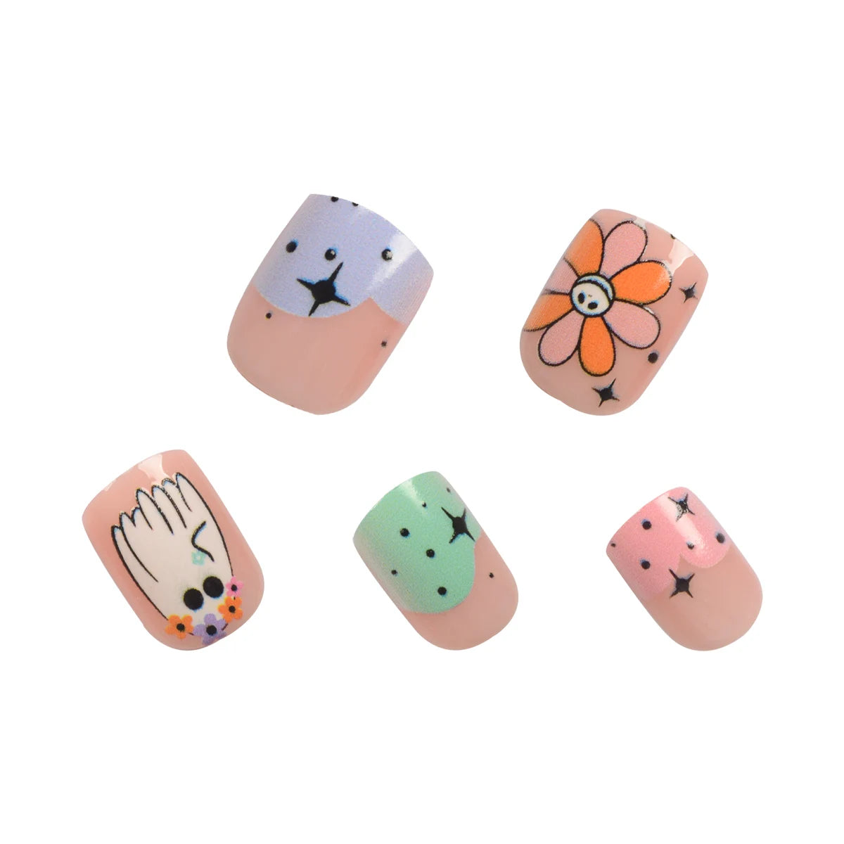 24Pcs Halloween-Themed Press-On Nails Set, Floral & Festive Elements Design, Glossy Finish with Jelly Glue & Nail File Included