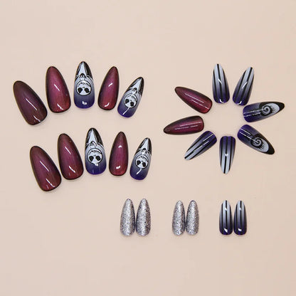 24PCS Haunting Press-On Nails - Blood Red & Ghost White Striped Design With Metallic Glitter Long Almond Shape