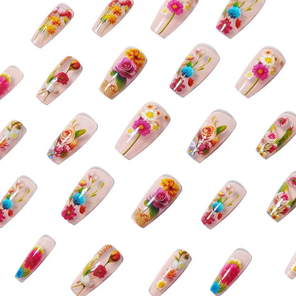 Medium-long Translucent Brilliant Flower Press-on Nails Stickers for Stunning Nails