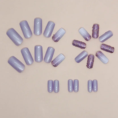 24 Pcs Presson Nails with Glue Medium Reusable Adhesive Fake Nails with Design Nail Art Purple Glitter False Nails for Girls