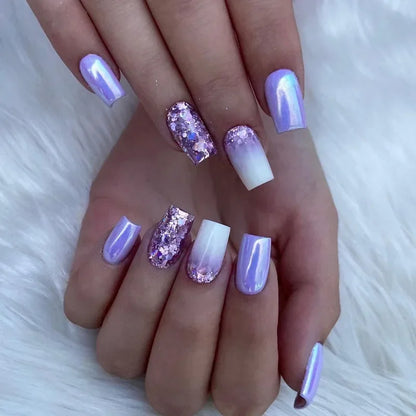 24 Pcs Presson Nails with Glue Medium Reusable Adhesive Fake Nails with Design Nail Art Purple Glitter False Nails for Girls