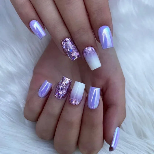 24 Pcs Presson Nails with Glue Medium Reusable Adhesive Fake Nails with Design Nail Art Purple Glitter False Nails for Girls