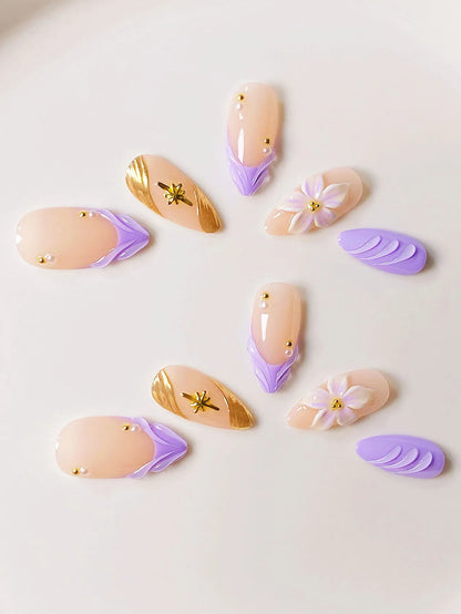 10 handmade almond-shaped press-on nails with purple water ripple design and starburst pattern in a high-end style.