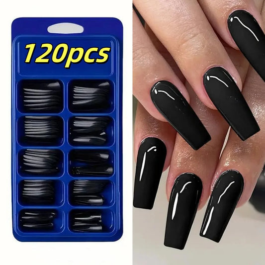 120pcs Long Coffin Black Press-On Nails Full Cover Ballet Square Shape False Nails Solid Color Glossy Finish Durable Fake Nails*