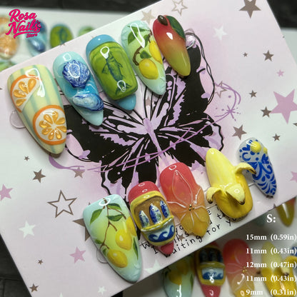 10pcs Handmade Press on Nails Cute 3D Banana Nail Art Presson False Nail Thick Acrylic Hand Painted Lemon Almond Press ons Nails