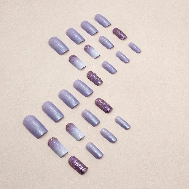 24 Pcs Presson Nails with Glue Medium Reusable Adhesive Fake Nails with Design Nail Art Purple Glitter False Nails for Girls