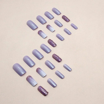 24 Pcs Presson Nails with Glue Medium Reusable Adhesive Fake Nails with Design Nail Art Purple Glitter False Nails for Girls