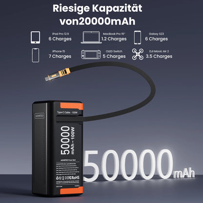 Power Bank 50000mAh 100W PD PPS Super Fast Charging Portable Spare Battery Type-C Retractable Cable Powerbank For Phone Laptop